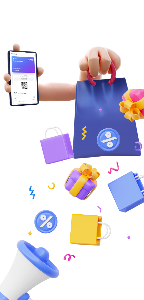 Mano sosteniendo bolsas de compras y un celular